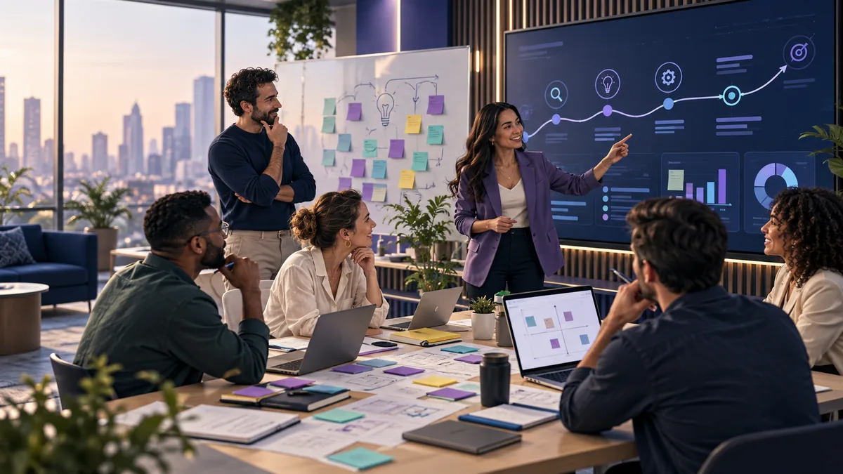 Taller de innovación con facilitadores, empresarios y tableros de trabajo